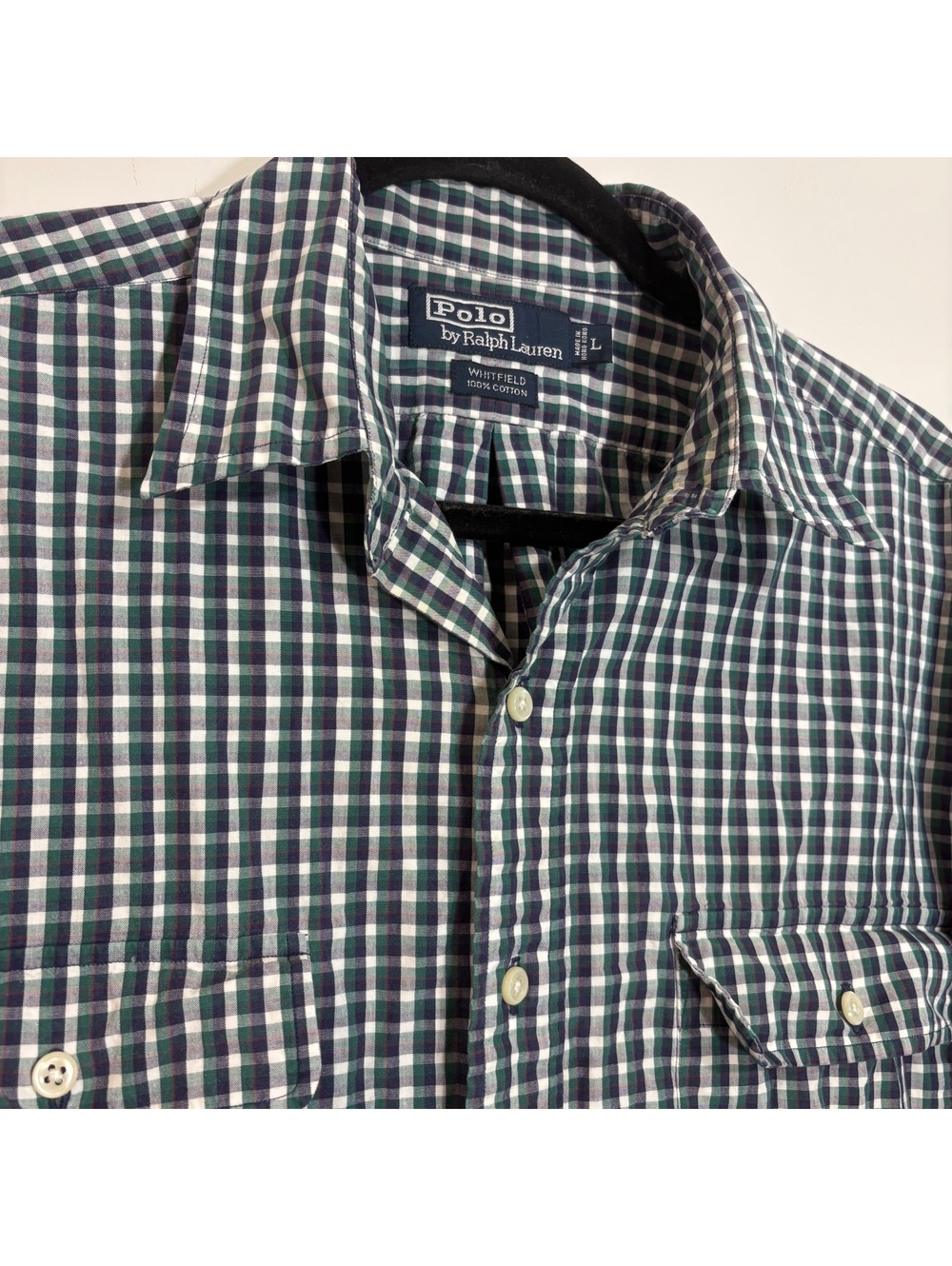 VTG Polo Ralph Lauren Whitfield Cotton Plaid Shirt Green, Navy & White - Large